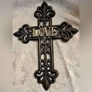 Cast Iron LOVE Wall Cross 14" Brushed Gold Fleur De Lis Religious Hanging Art